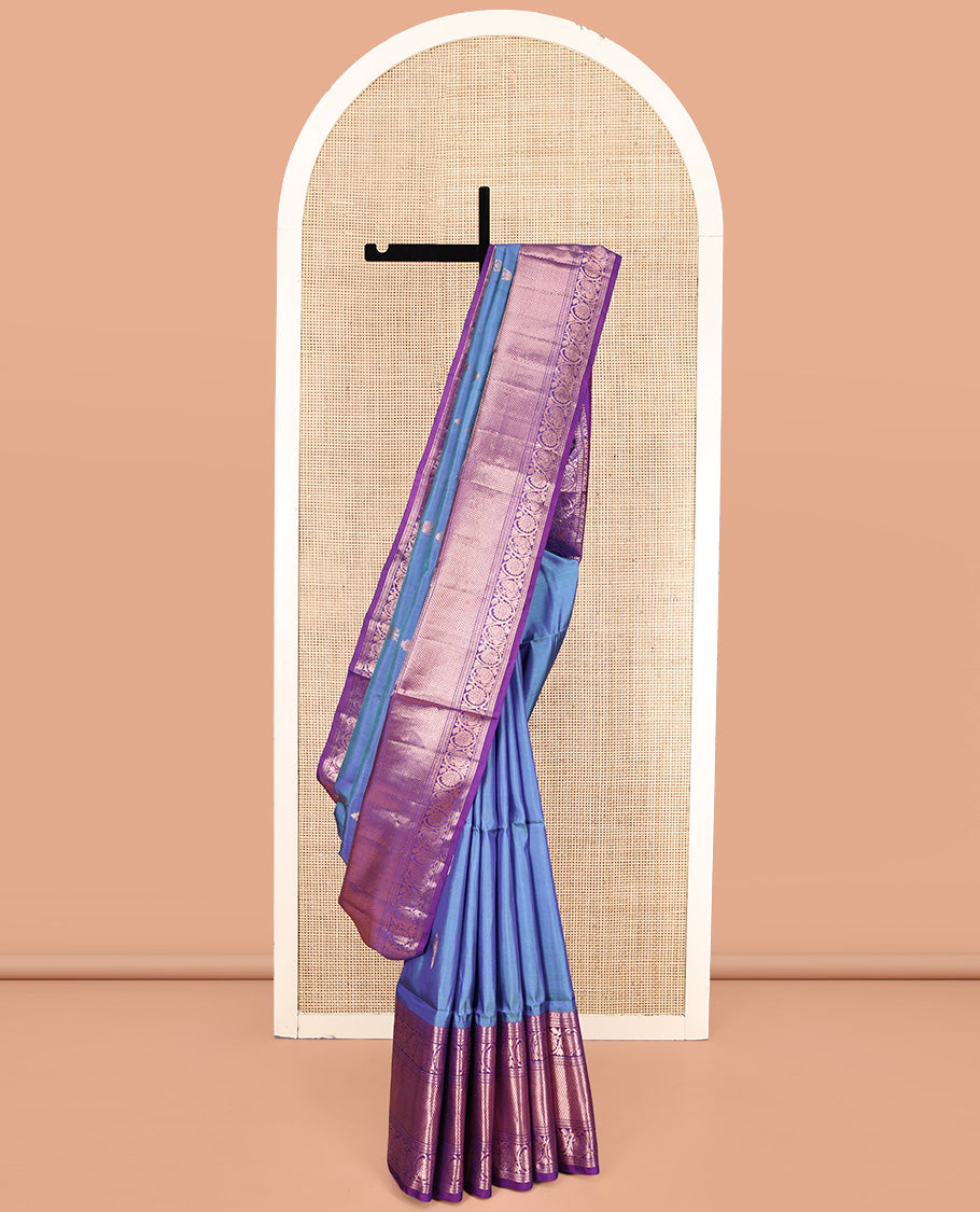 Blue Uppada Silk Saree, Enthralled with Zari Buttas, Complemented by a Contrast Floral Creeper Zari Border, Grand Pallu, and a Contrast Blouse