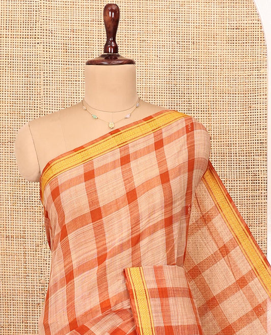 Orange Andhra Cotton Saree, Highlighted by a Big Checked Design All Over Its Body, Subtly Sparked with a Traditional Border, Pallu of Stripes, and Paired with a Matching Blouse