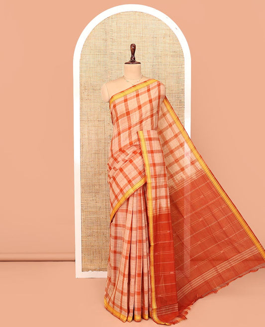Orange Andhra Cotton Saree, Highlighted by a Big Checked Design All Over Its Body, Subtly Sparked with a Traditional Border, Pallu of Stripes, and Paired with a Matching Blouse