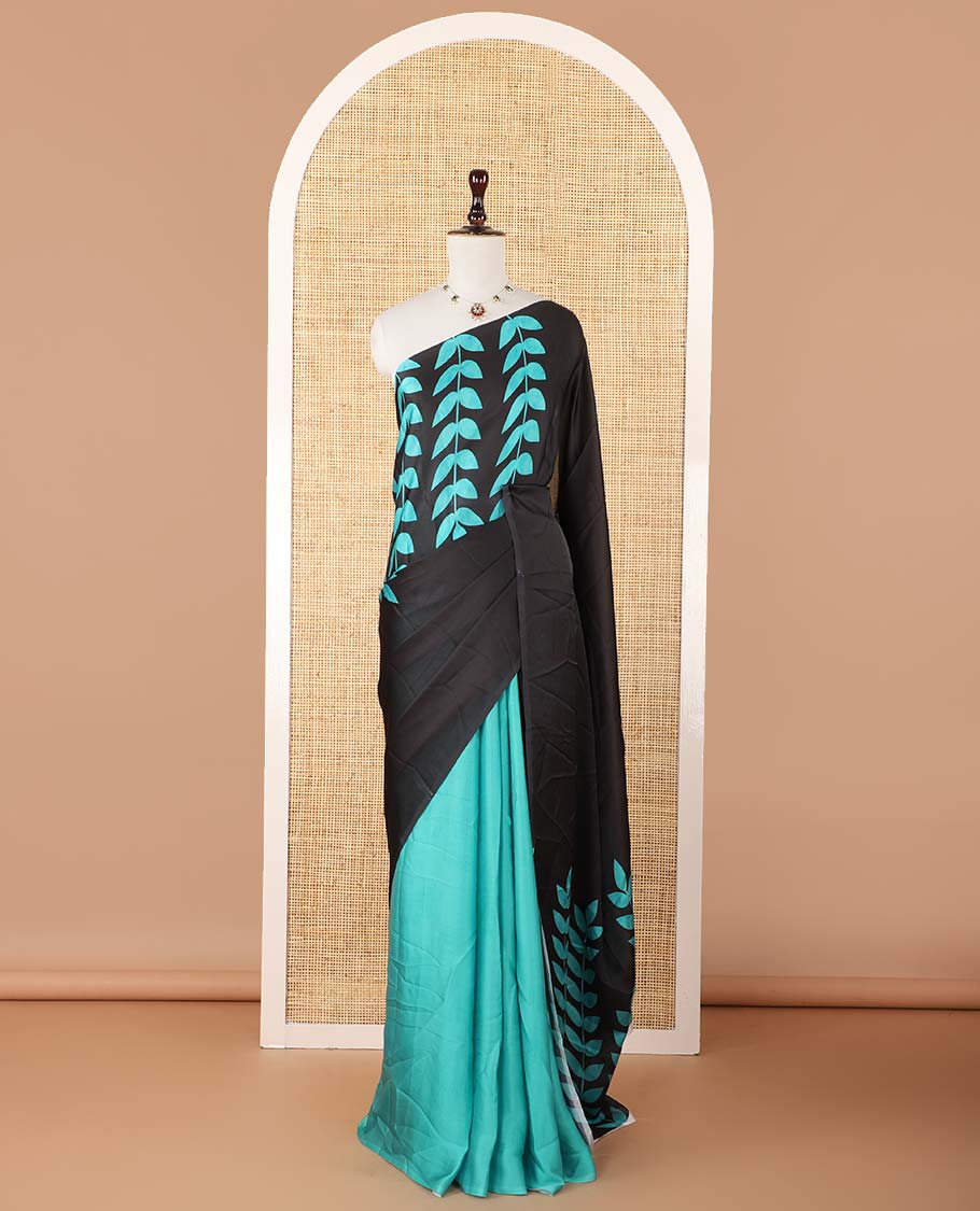 Borderless black half-half style crepe silk saree printed with green color leaf vine design, leaf motifs printed blouse