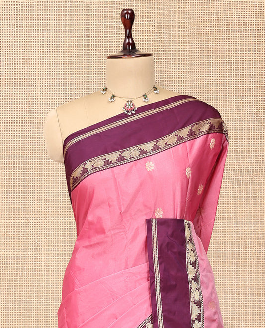 Pink Plain Arani Saree, a Contrast Rettai Pettu Traditional Border, Pallu of Zari Designs, and a Matching Blouse