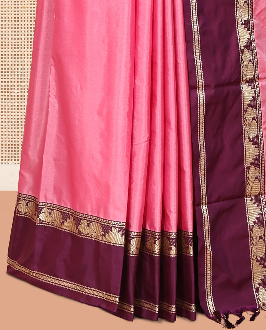 Pink Plain Arani Saree, a Contrast Rettai Pettu Traditional Border, Pallu of Zari Designs, and a Matching Blouse