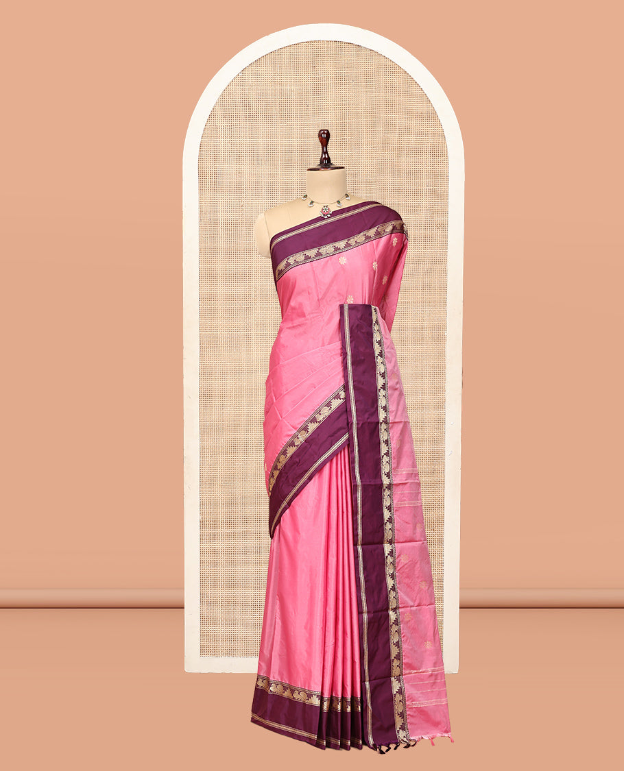 Pink Plain Arani Saree, a Contrast Rettai Pettu Traditional Border, Pallu of Zari Designs, and a Matching Blouse