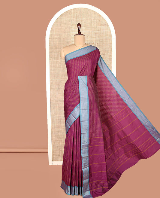 Maroon Aarani Gift Saree, Steeped with Buttas on Its Body, Complemented by a Contrast Border, a Self-Pallu of Stripes, and Paired with a Matching Blouse