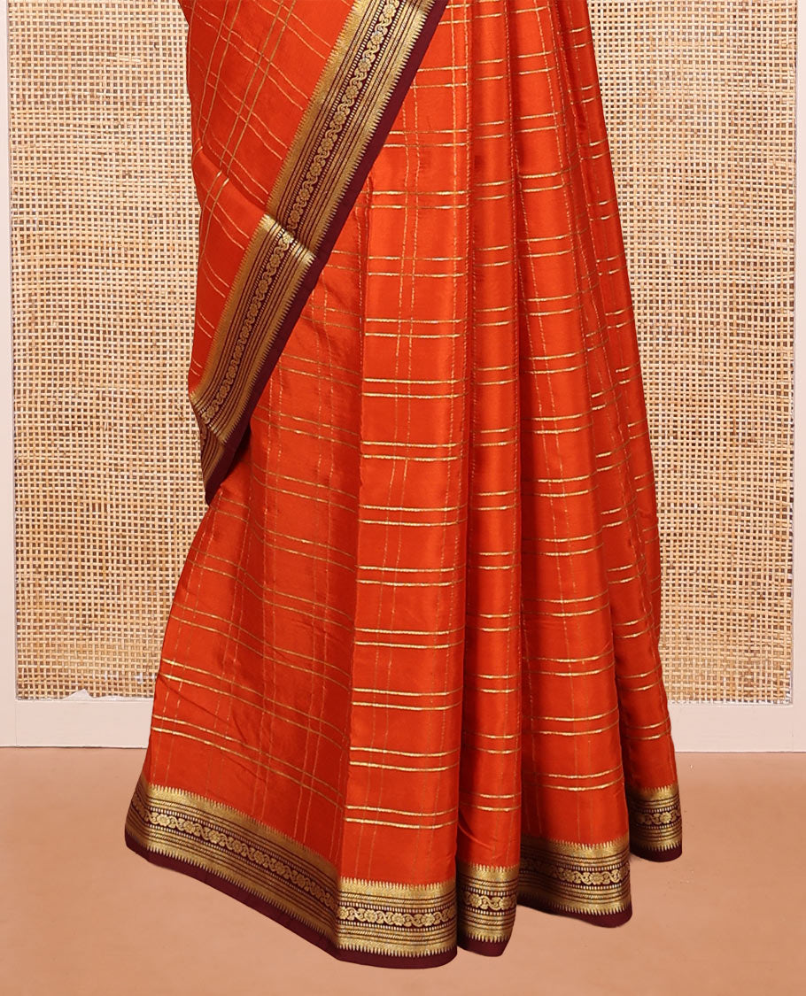 Orange Mysore Silk Saree, Adorned with Zari Checked Design on Its Body, Complemented by a Contrast Traditional Zari Design Border, Pallu Pictures Floral and Bird Designs, and Paired with a Contrast Blouse