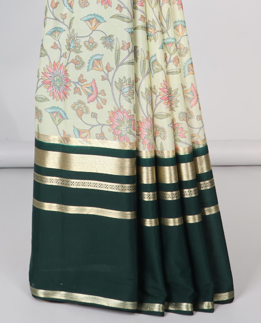Green floral vine design mysore silk saree with contrast zari border & striped zari pallu