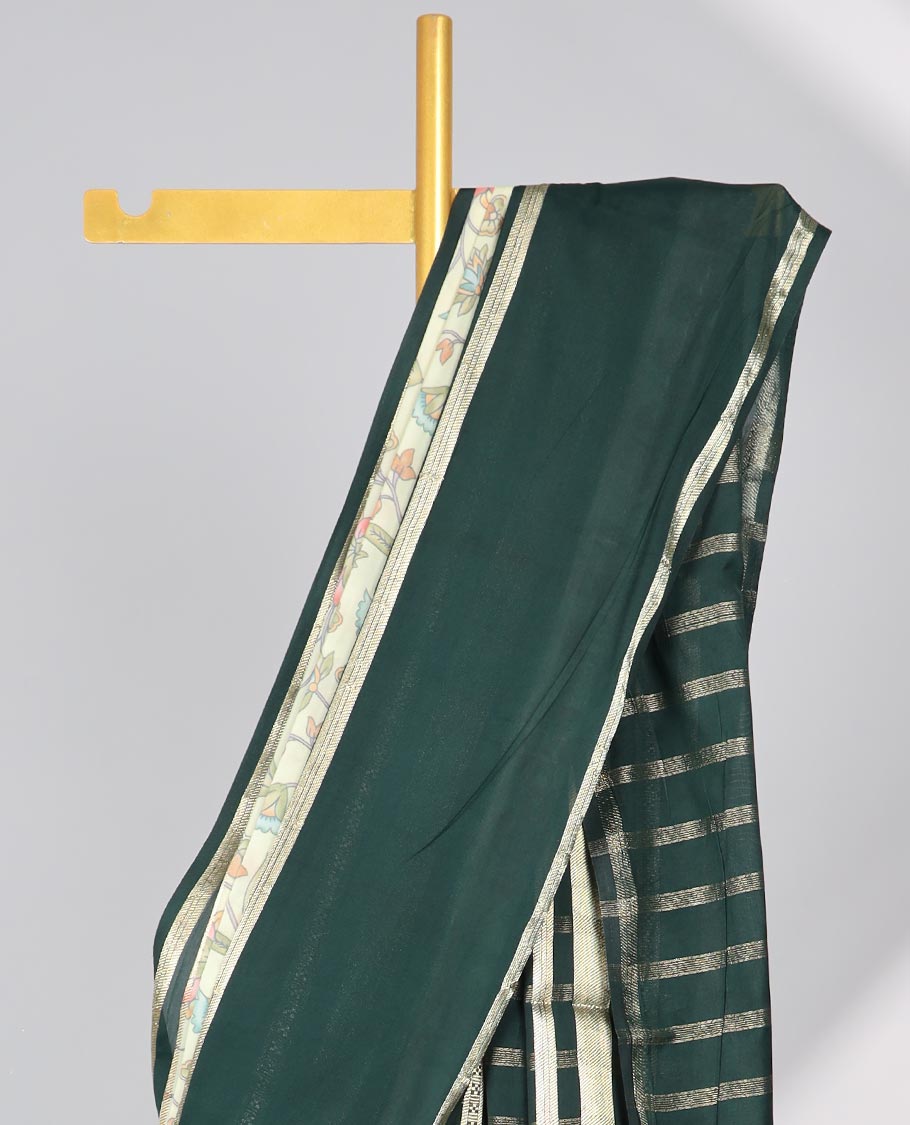 Green floral vine design mysore silk saree with contrast zari border & striped zari pallu