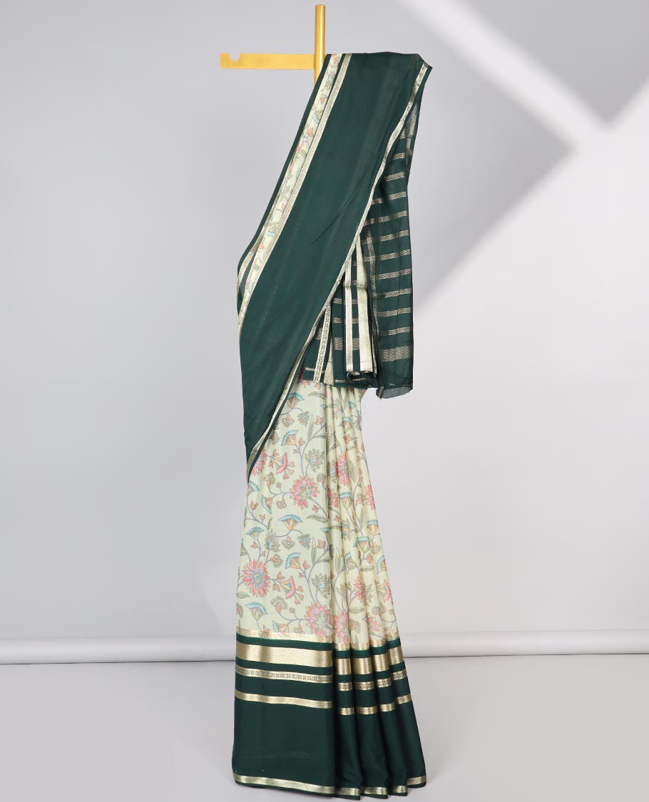 Green floral vine design mysore silk saree with contrast zari border & striped zari pallu