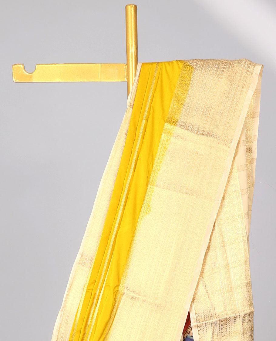 Yellow striped design  mysore silk saree with contrast argyle zari border & peacock print pallu