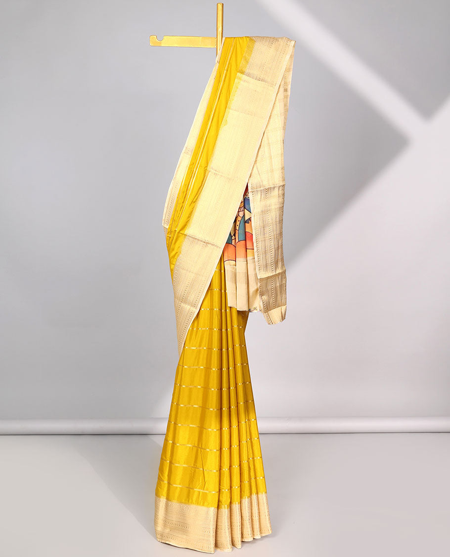 Yellow striped design  mysore silk saree with contrast argyle zari border & peacock print pallu