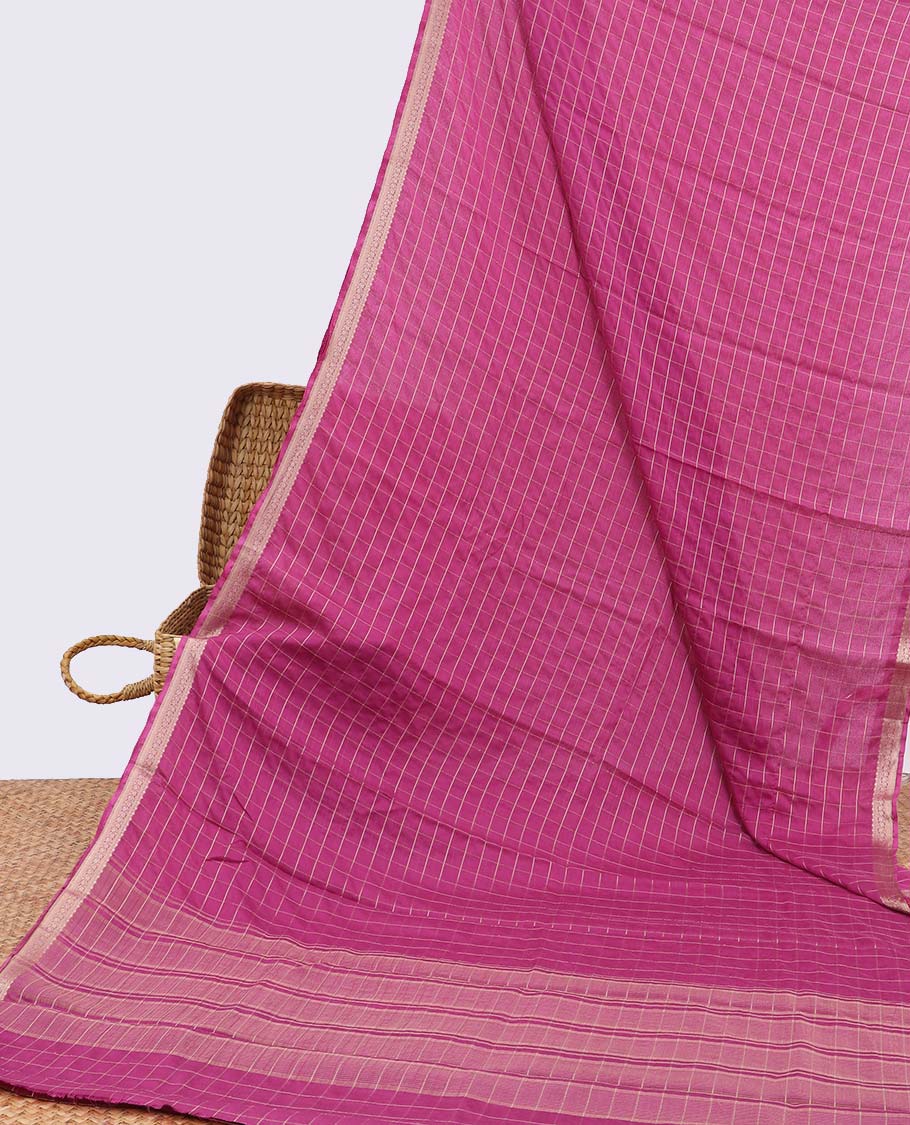 Pink checked art mysore silk saree with self zari border & striped zari pallu
