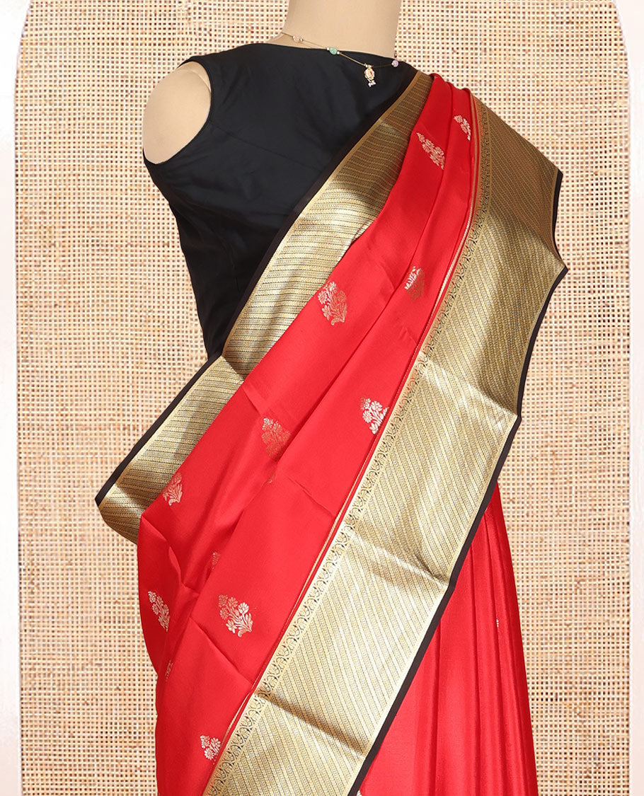 Red Mysore Silk Saree Features Floral Buttas, Contrast Traditional Zari Border, an Intricate Pallu, and a Contrast Blouse