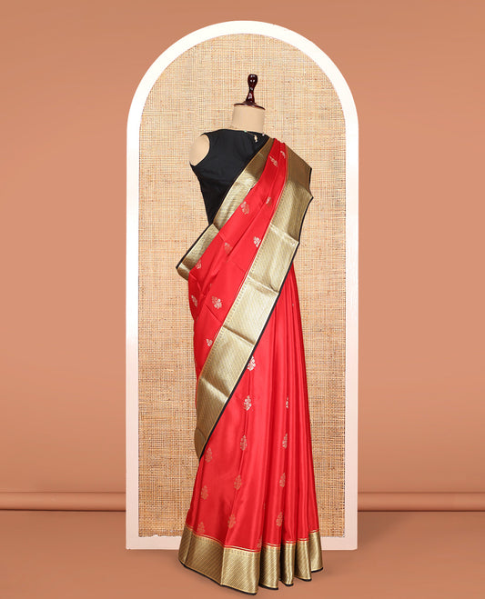 Red Mysore Silk Saree Features Floral Buttas, Contrast Traditional Zari Border, an Intricate Pallu, and a Contrast Blouse