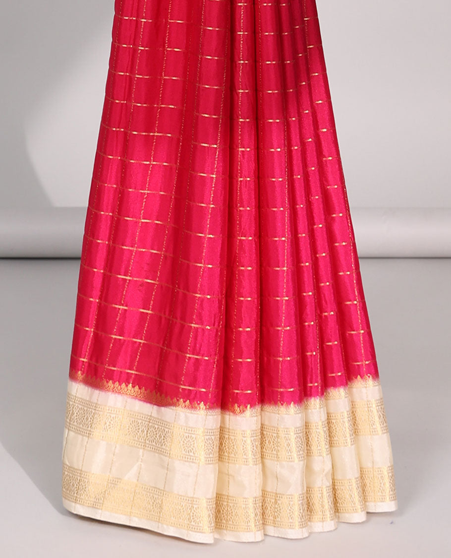 Red checked mysore silk saree with contrast striped border & peacock design pallu