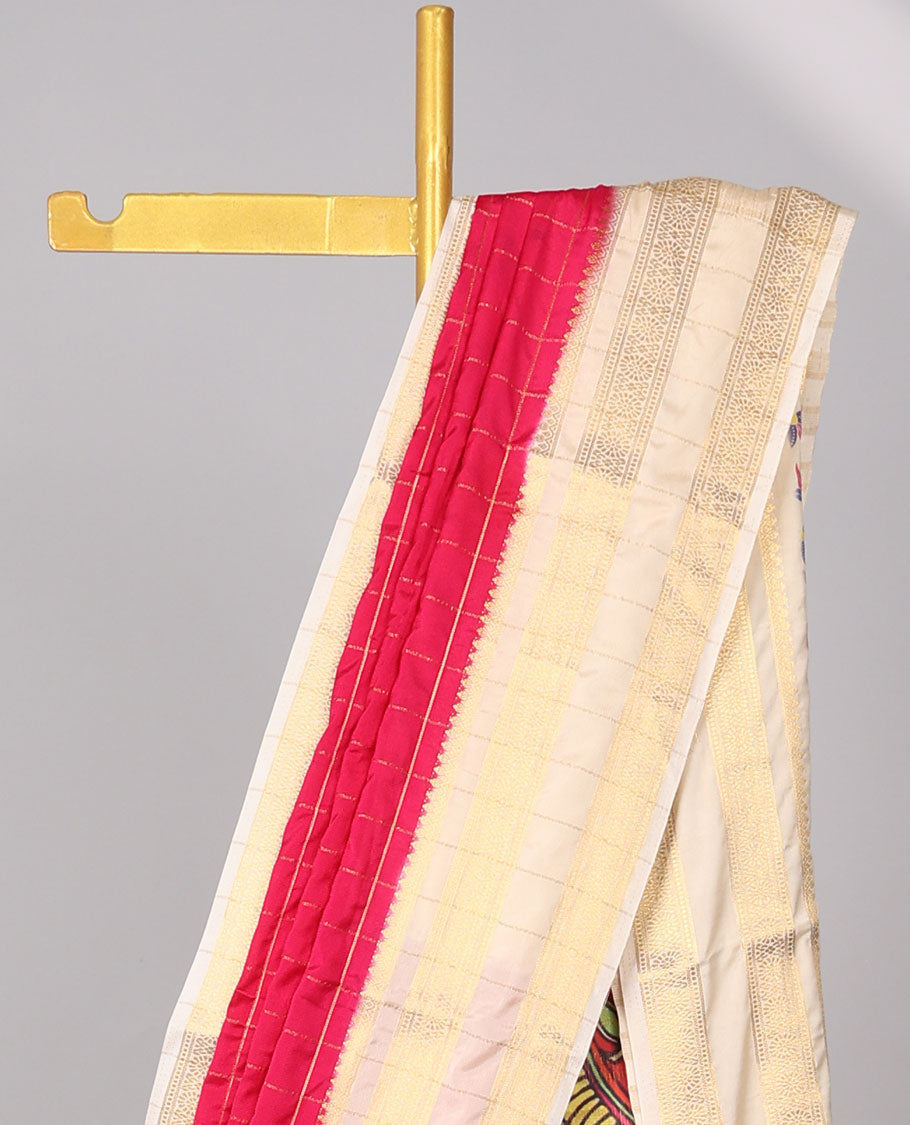 Red checked mysore silk saree with contrast striped border & peacock design pallu