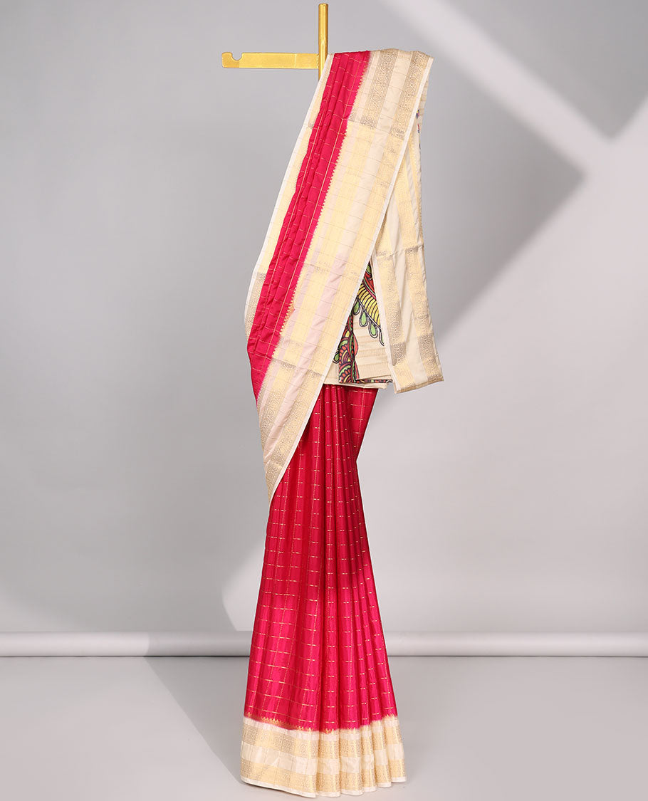 Red checked mysore silk saree with contrast striped border & peacock design pallu