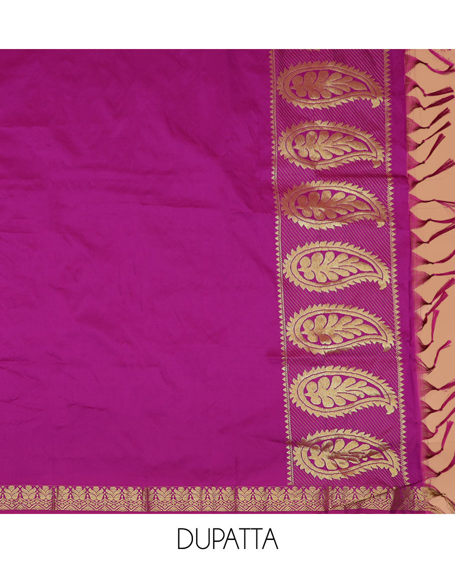 Pale green floral jacquard art silk half-saree saree with contrast meenakari bordered skirt, contrast jacquard blouse, and a contrast zari paisleys woven dhavani