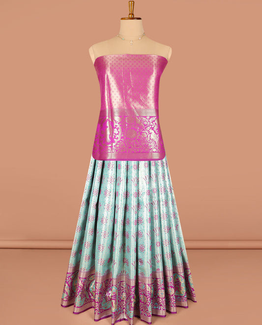 Pale green floral jacquard art silk half-saree saree with contrast meenakari bordered skirt, contrast jacquard blouse, and a contrast zari paisleys woven dhavani