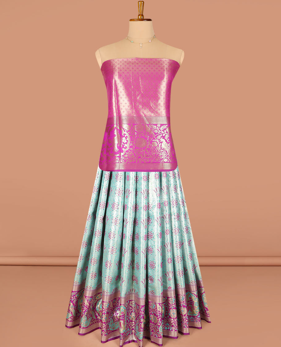 Pale green floral jacquard art silk half-saree saree with contrast meenakari bordered skirt, contrast jacquard blouse, and a contrast zari paisleys woven dhavani