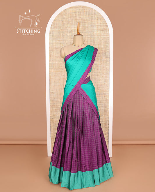 Purple checked poly-cotton half saree with contrast border, plain blouse & plain, checked border dhavani