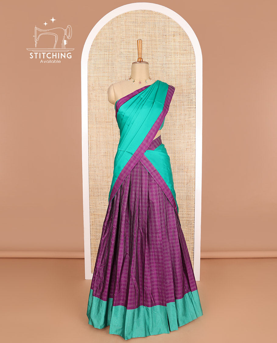 Purple checked poly-cotton half saree with contrast border, plain blouse & plain, checked border dhavani