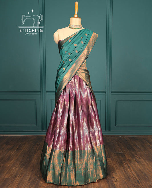 Maroon chevron artsilk halfsaree,contrast traditional zari design & stonework border,jacquard blouse & intricate dhavani