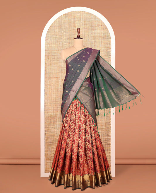 Red Art Silk Material Half Saree Set, Beautifully Bedecked with Jacquard Design on Its Skirt, Complemented by a Contrast Traditional Zari Design Border, Paired with a Contrast Blouse, and Intricately Designed Dhavani