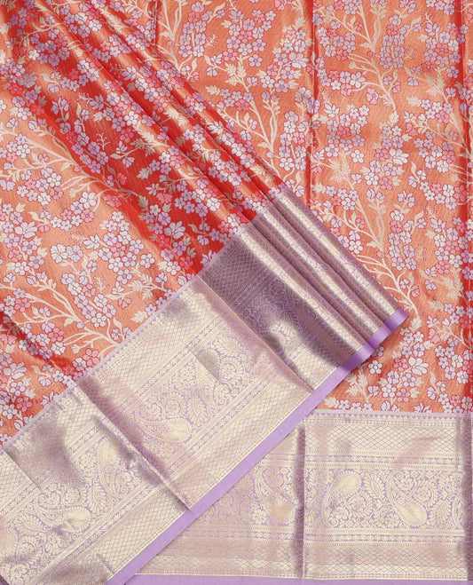 Orange Art Silk Material Half Saree Set, Accentuated with Floral Jacquard Design Skirt, a Contrast Traditional Zari Design Border, Contrast Zari-Jacquard Blouse, and a Dhavani of Paisley Designs