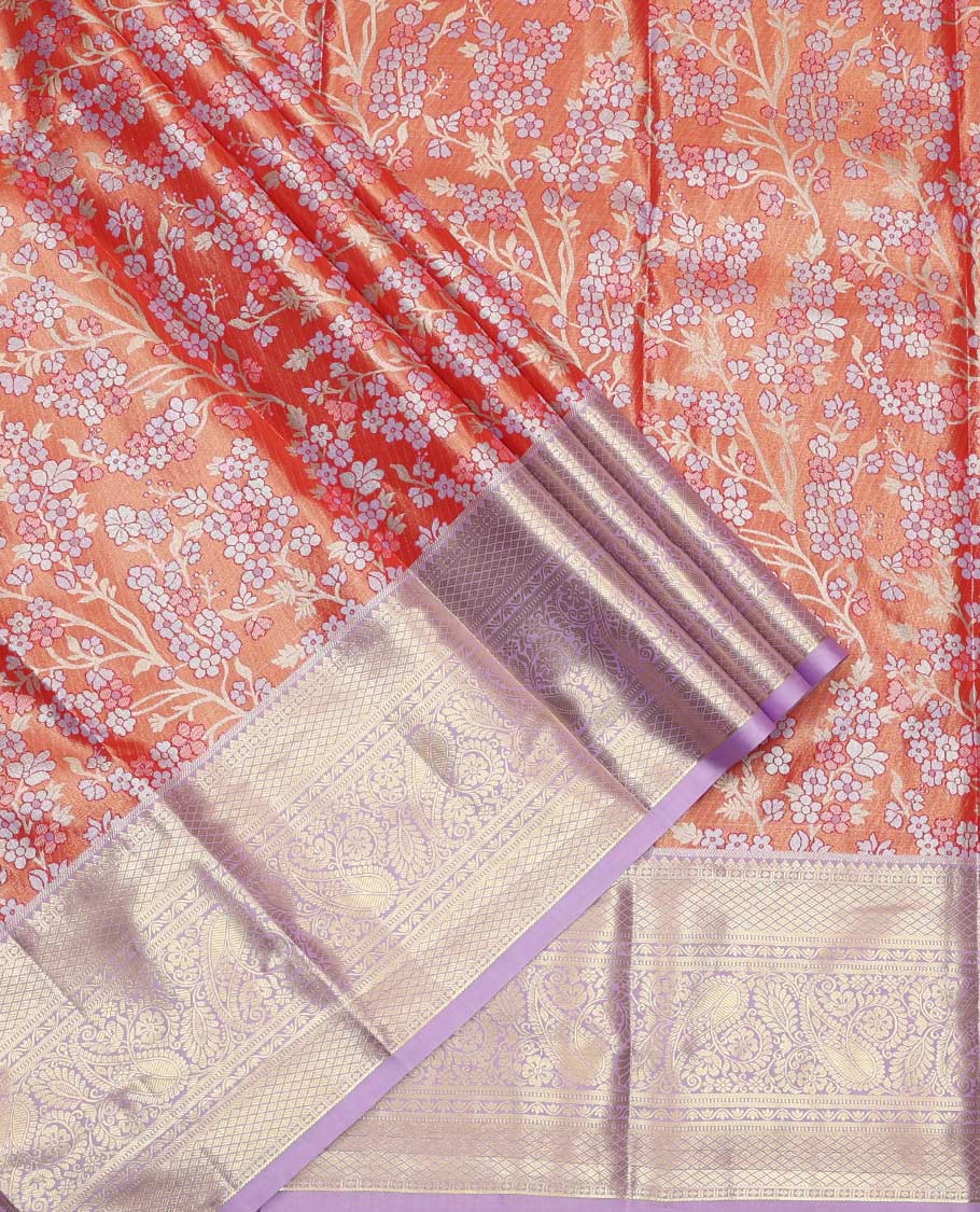Orange Art Silk Material Half Saree Set, Accentuated with Floral Jacquard Design Skirt, a Contrast Traditional Zari Design Border, Contrast Zari-Jacquard Blouse, and a Dhavani of Paisley Designs