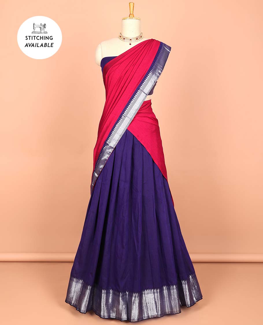 Violet cotton half saree with contrast zari border, plain blouse & plain with zari border dhavani