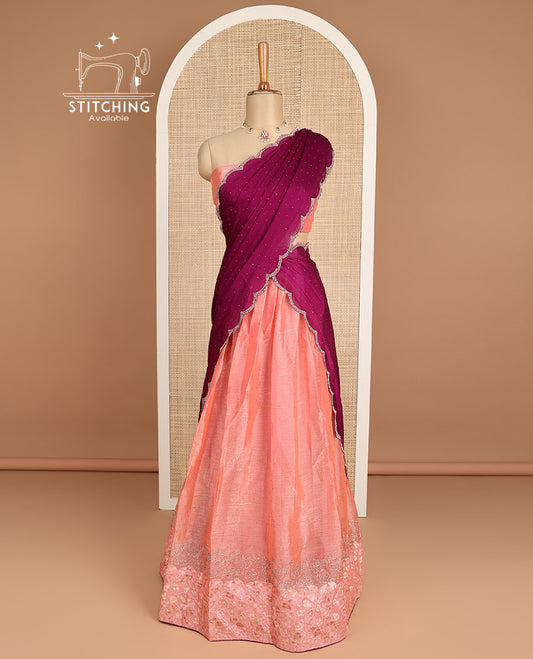Peach floral embroidery organza half saree with embroidered blouse & scallop border dhavani