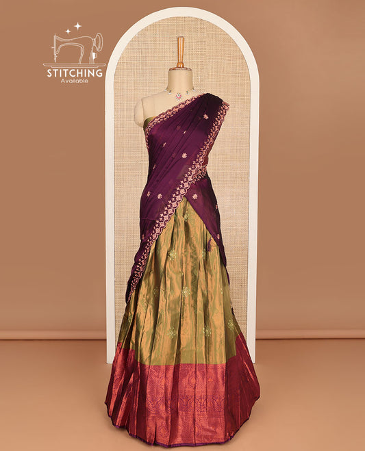 Green buttas embroidery half saree with contrast zari design border, zari design blouse & floral embroidery scallop border dhavani
