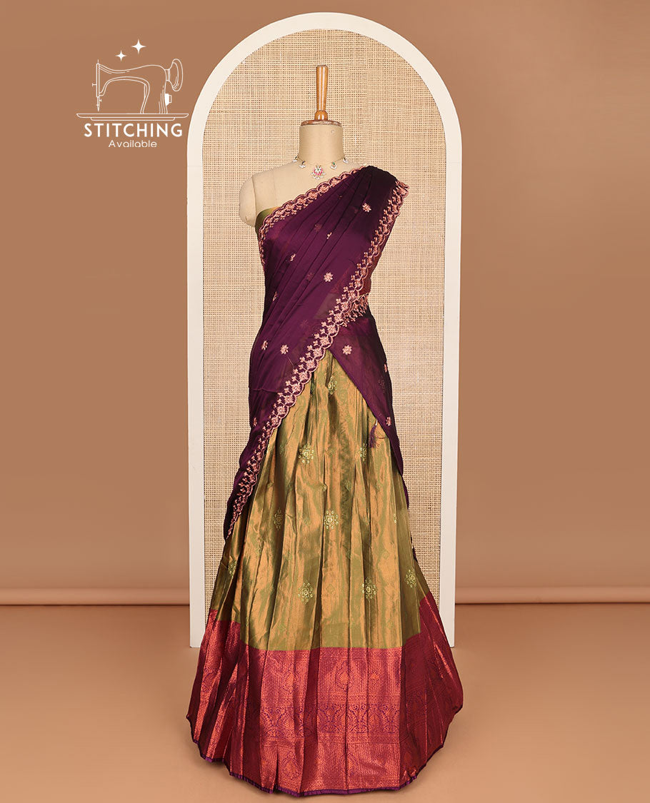 Green buttas embroidery half saree with contrast zari design border, zari design blouse & floral embroidery scallop border dhavani