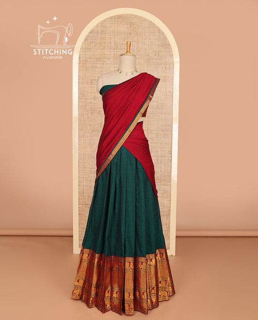 Green cotton half saree with contrast zari design border, zari design blouse & plain, intricate zari design border dhavani