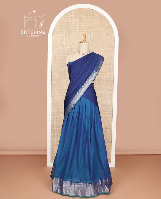 Blue cotton half saree with contrast zari design border, zari design blouse & plain, zari design border dhavani