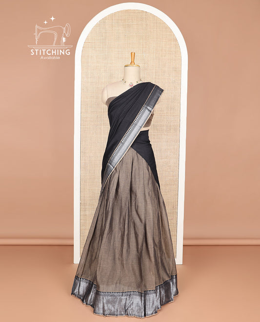 pale brown cotton half saree with contrast zari design border, zari design blouse & plain, zari design border dhavani