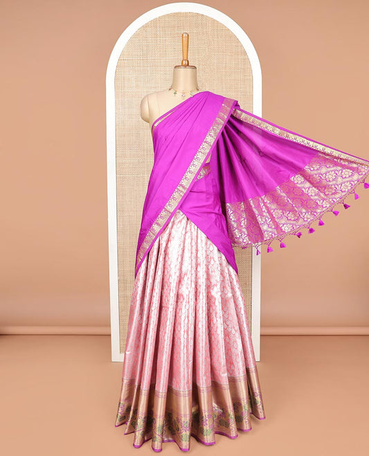 Baby pink floral jacquard art silk half saree with zari design border, zari design blouse plain, floral design dhavani