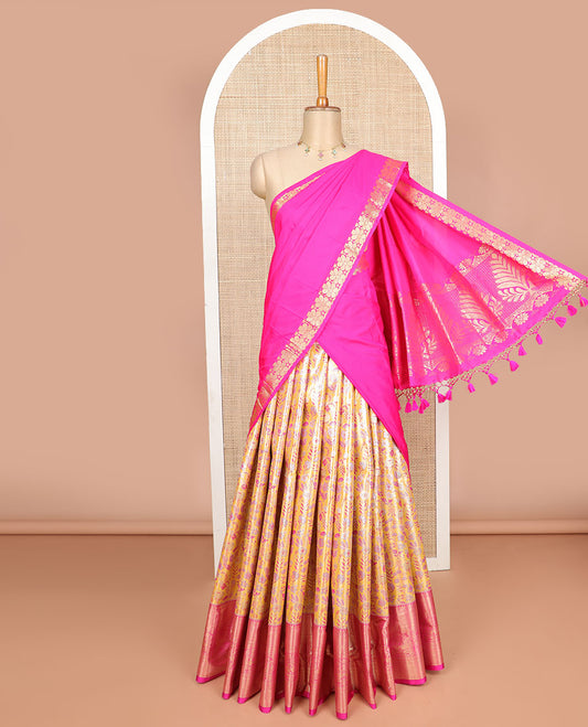 Orange floral jacquard design art silk half saree with intricate zari design border, zari design blouse & floral design dhavani