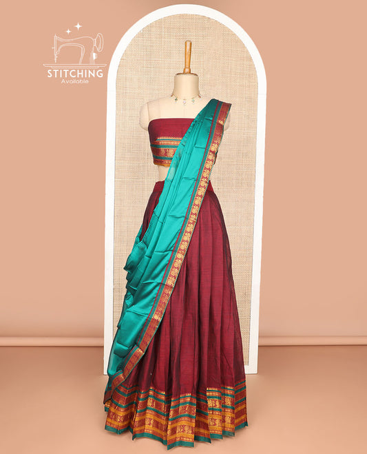 Maroon cotton half saree with contrast striped, mayil zari design border, zari design blouse & zari design border dhavani