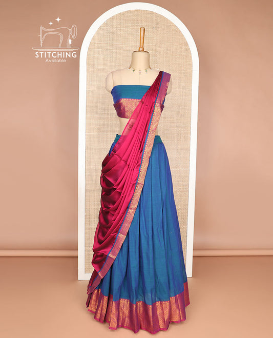Blue cotton half saree with contrast checked, temple border, zari design blouse & temple border dhavani