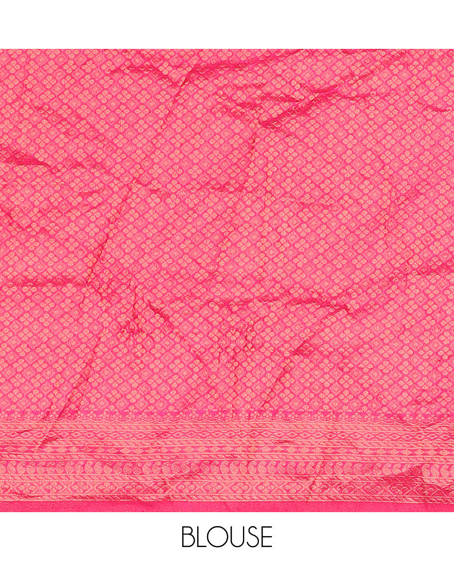 Pink art silk half-saree, jaal design with contrast traditional bordered skirt, jacquard blouse, and a scallop embroidered dhavani