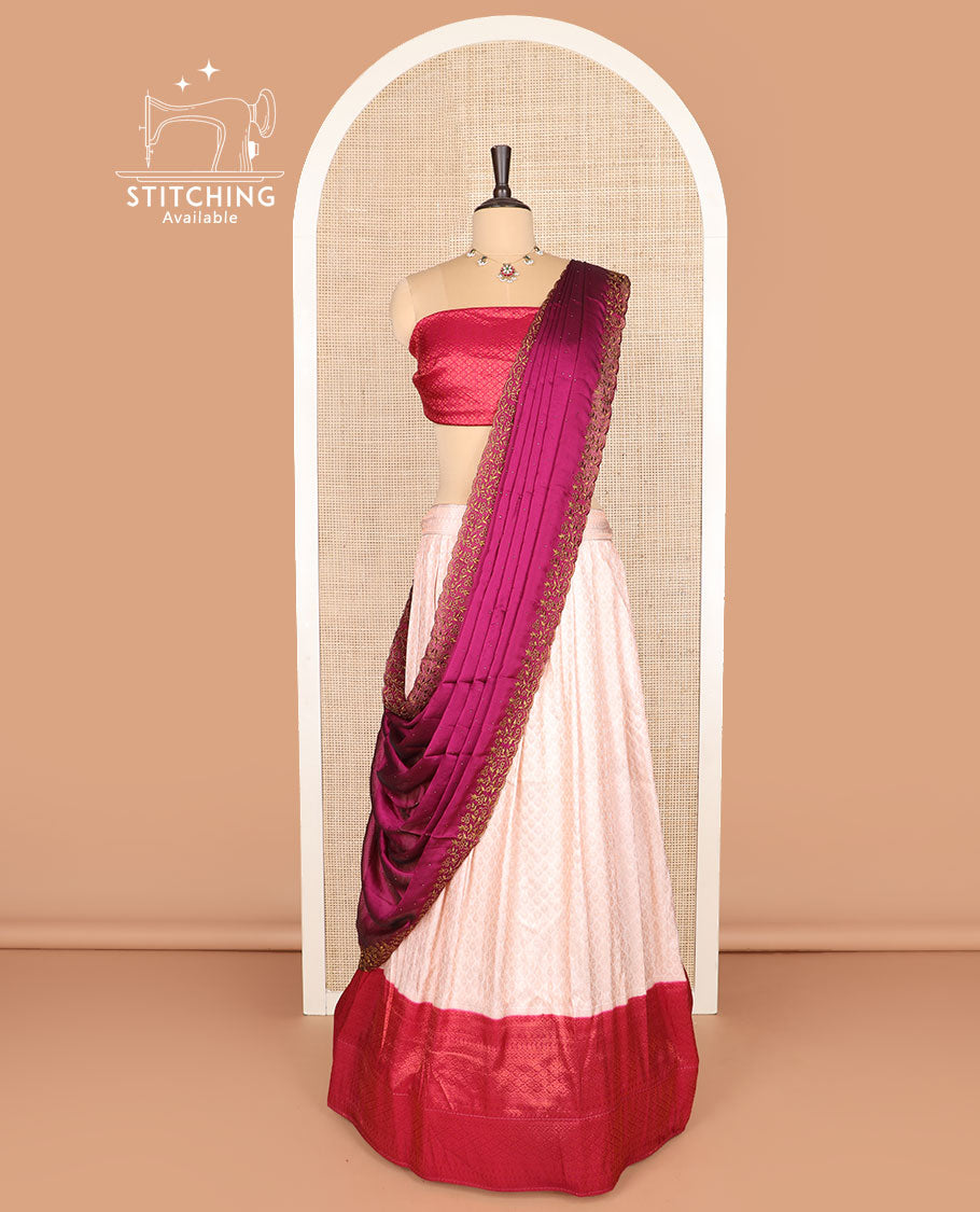 Pink art silk half-saree, jaal design with contrast traditional bordered skirt, jacquard blouse, and a scallop embroidered dhavani