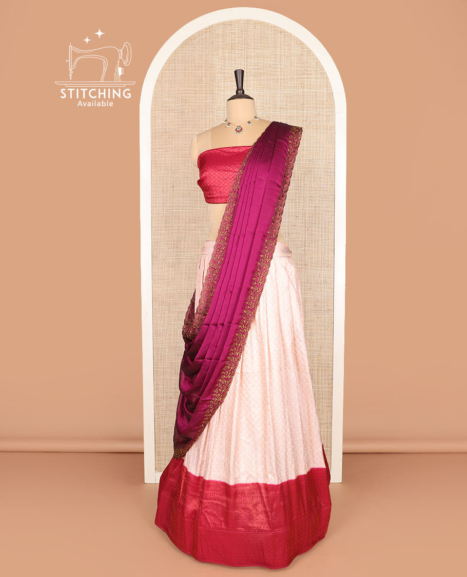 Pink art silk half-saree, jaal design with contrast traditional bordered skirt, jacquard blouse, and a scallop embroidered dhavani