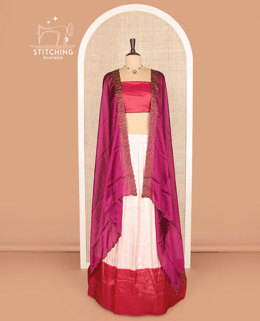 Pink art silk half-saree, jaal design with contrast traditional bordered skirt, jacquard blouse, and a scallop embroidered dhavani
