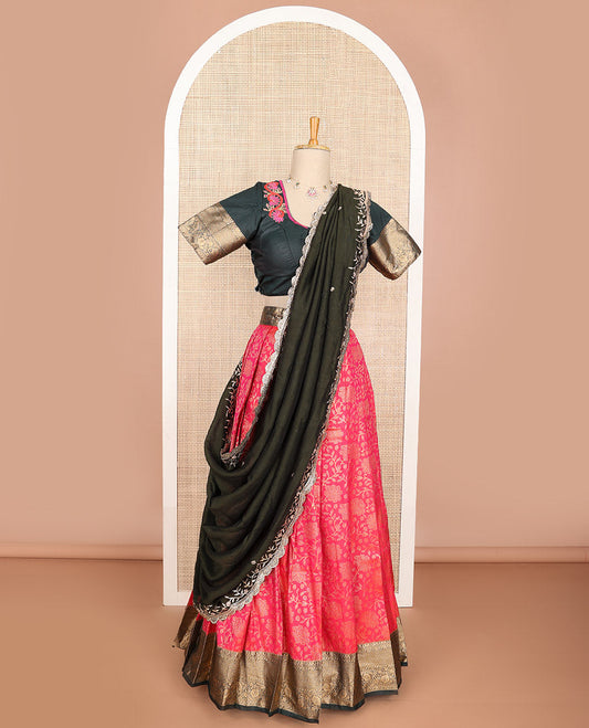 Red floral art silk half saree with contrast zari design border, embroidered blouse & floral embroidery dhavani