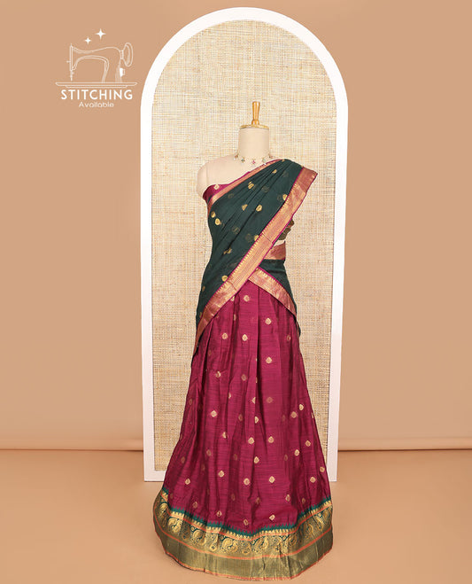 Maroon floral buttas art silk half saree with contrast zari design border, zari design blouse & floral design dhavani