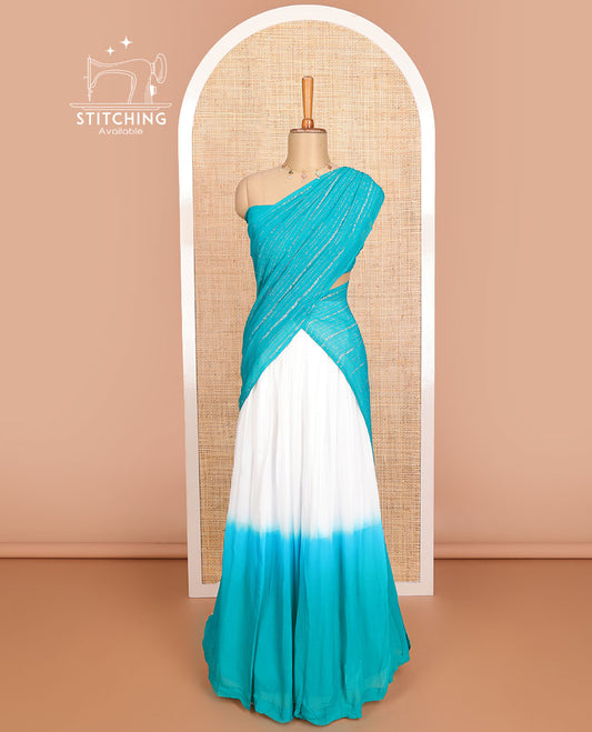 White & blue  georgette half saree with plain blouse & striped dhavani