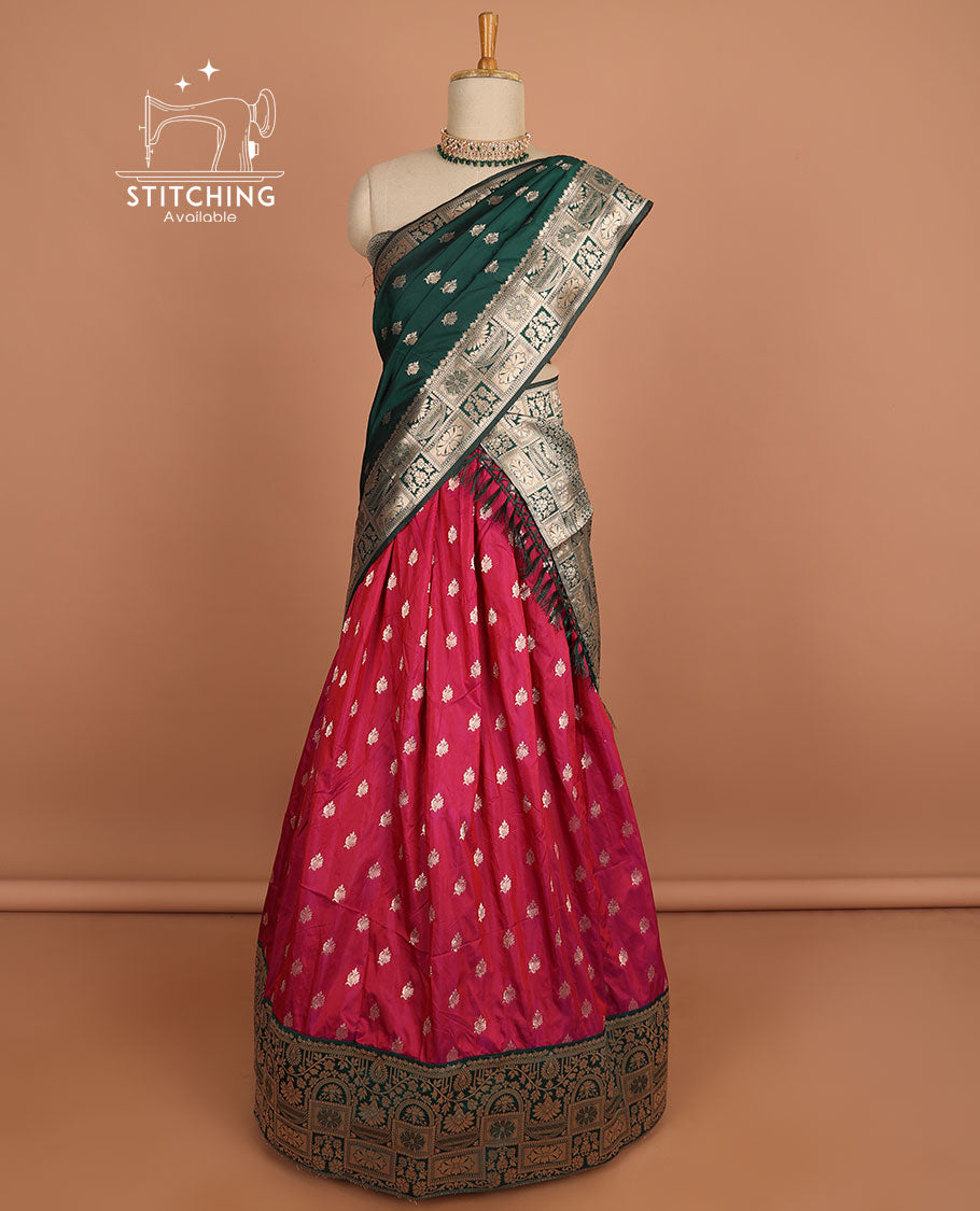 Blue buttas half sare with contrast zari border, zari design blouse & floral design dhavani