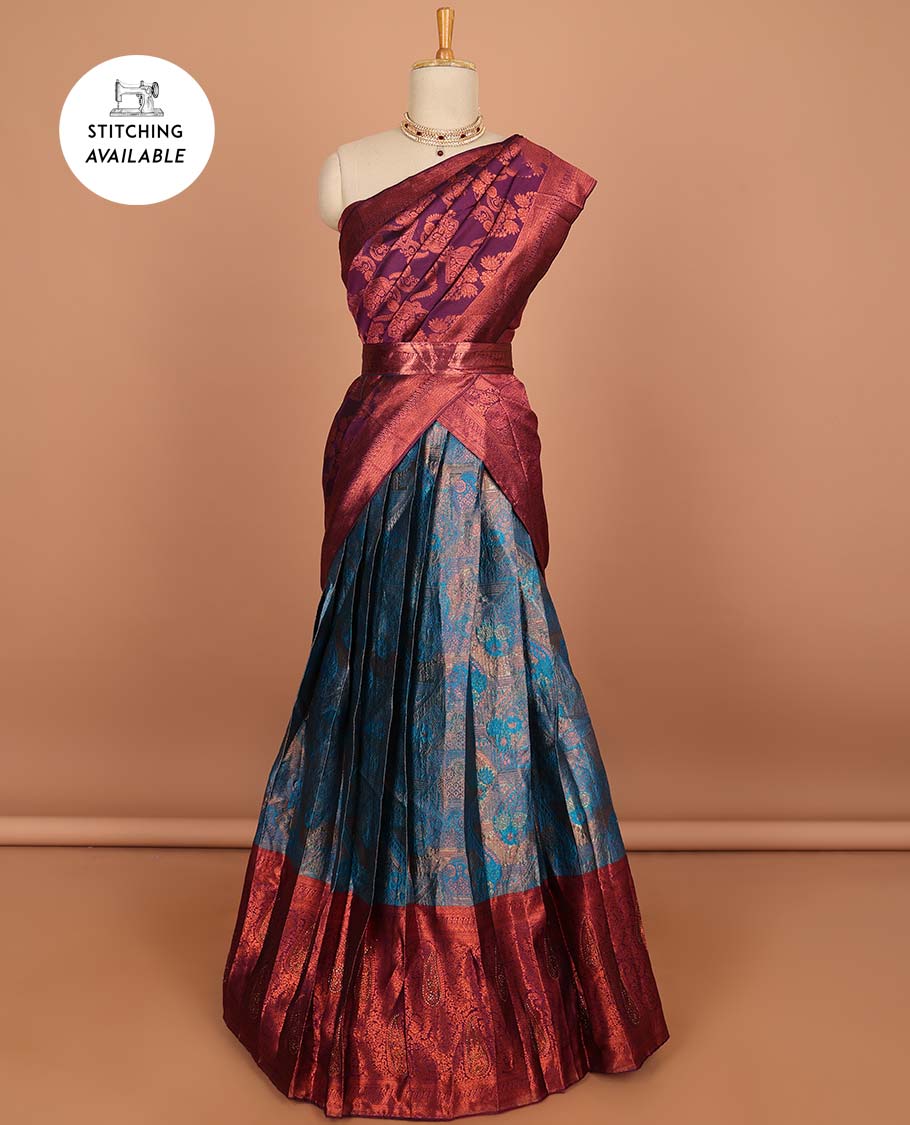 Blue floral buttas half saree with contrast zari border, zari design blouse & floral zari design dhavani