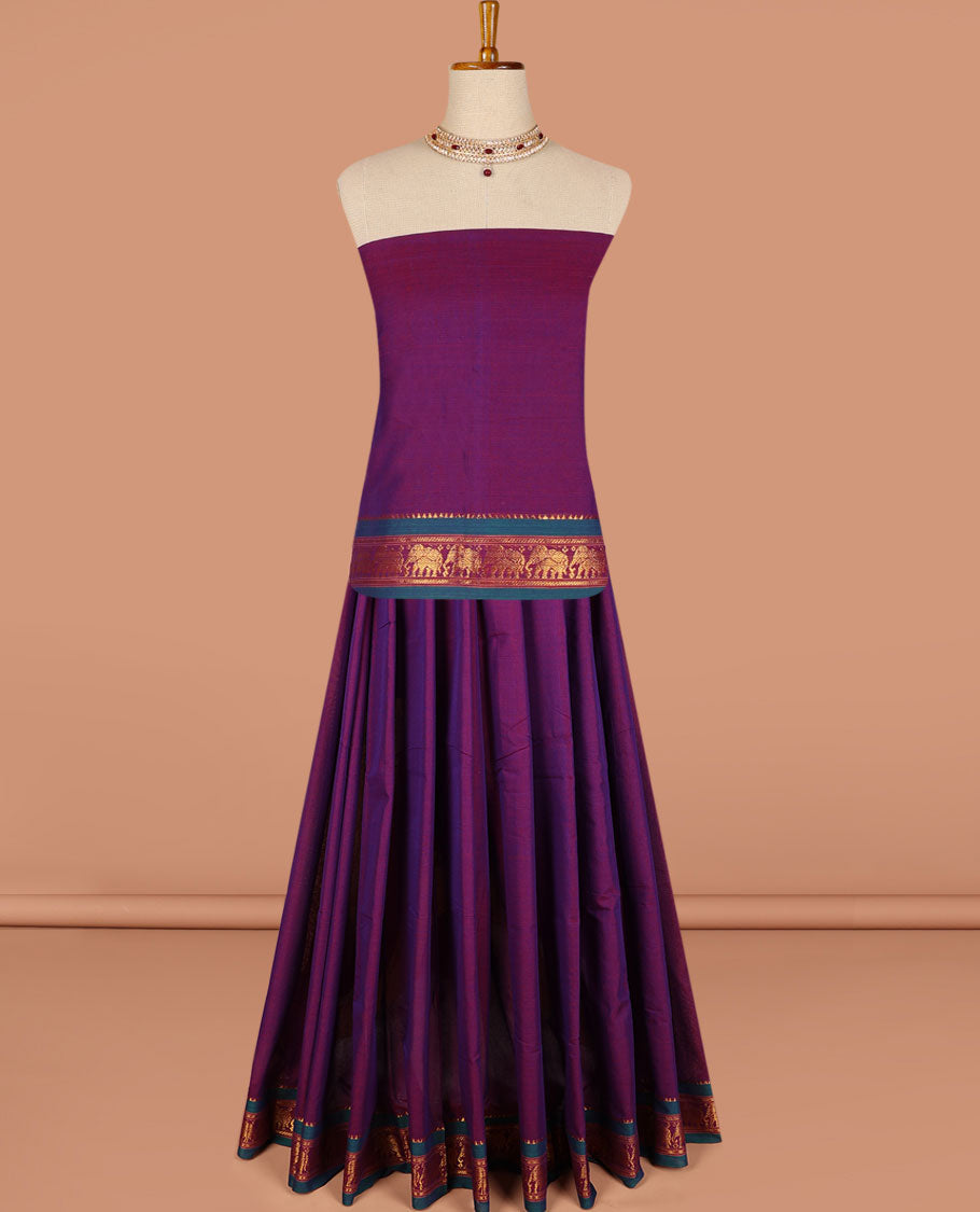 Purple cotton half saree contrast zari border with plain blouse & plain dhavani with contrast elephant zari border